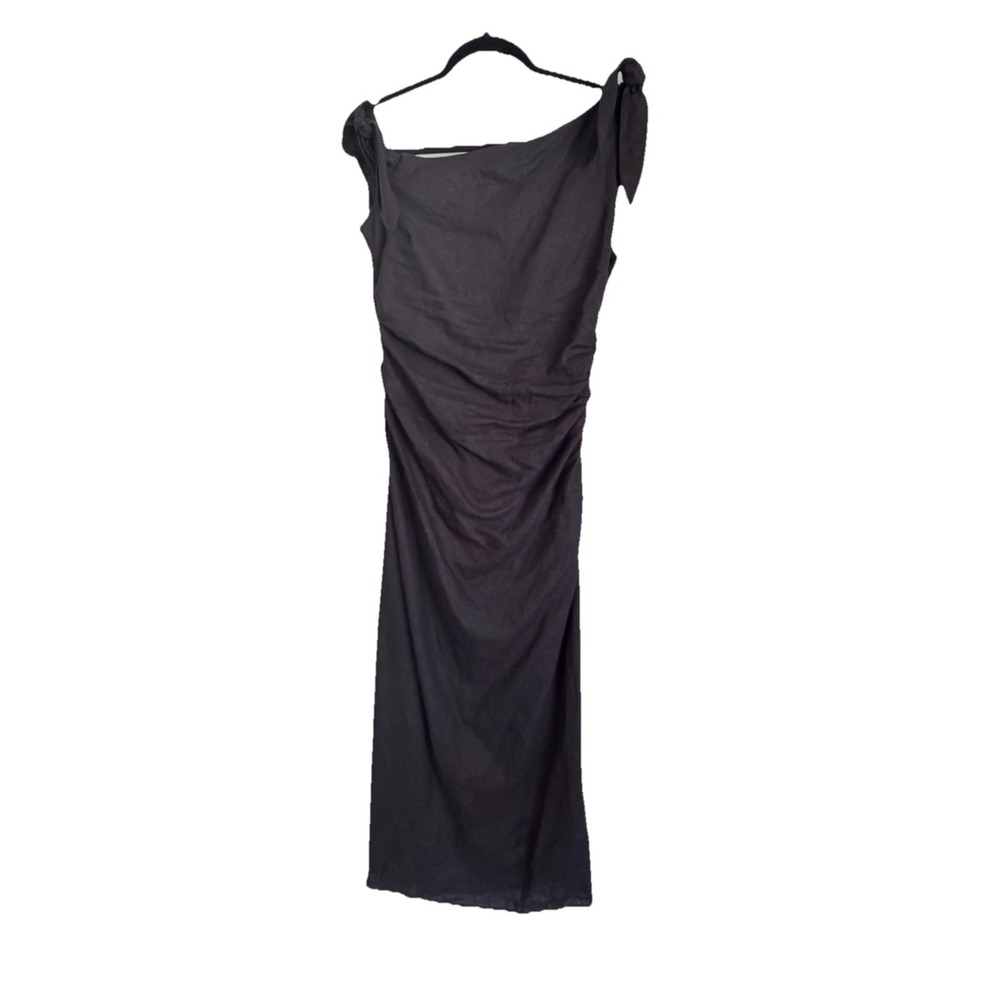 Linen Blend Blk Solid Elegant Woven One Shoulder Ruched Bow Sheath Midi Dress